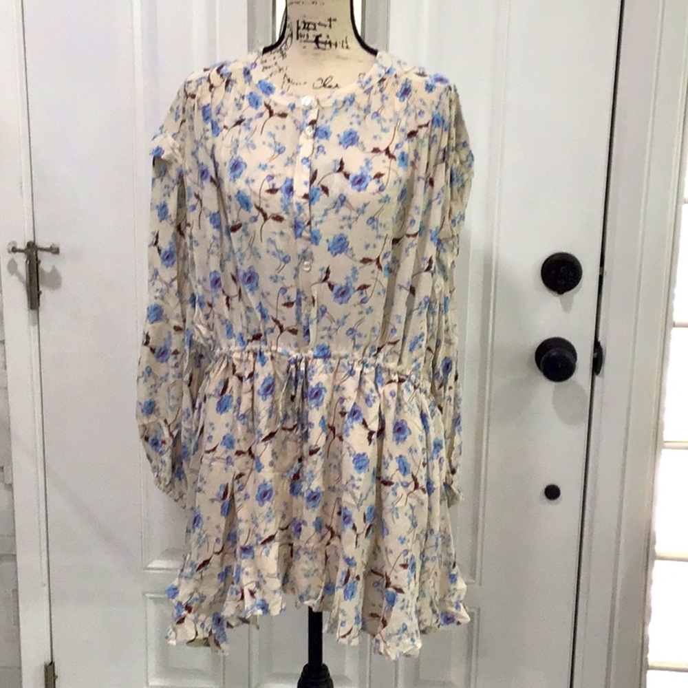 🆕FREE PEOPLE Blue and Cream Floral Blouse Long Sleeves Self Tie Tunic Medium 24”